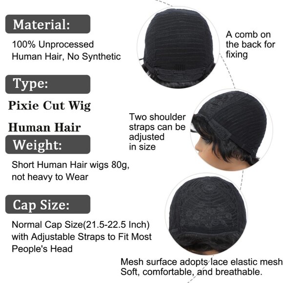 Human Hair Short Pixie Cut Wigs for Black Women Human Hair Glueless pixie Wig - Picture 3 of 7